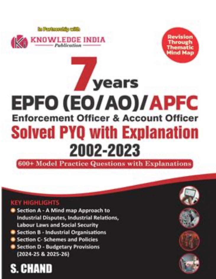 Cover of the book "7 Years EPFO EO/AO/APFC Solved PYQ with Explanation 2002–2023," published by Knowledge India and S. Chand.