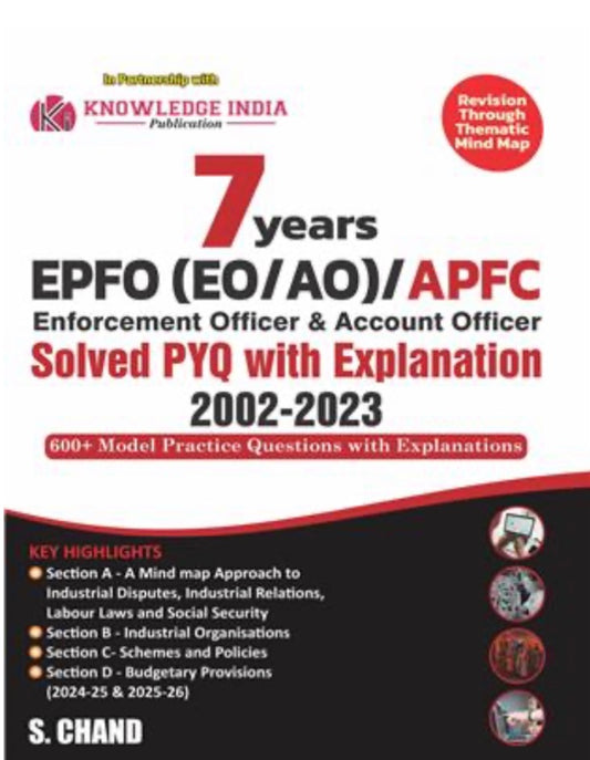Cover of the book "7 Years EPFO EO/AO/APFC Solved PYQ with Explanation 2002–2023," published by Knowledge India and S. Chand.