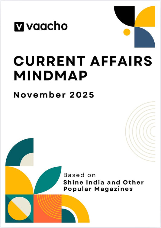 The cover of "MindMap Current Affairs Based on Shine India November 2025 Monthly Issue," a digital PDF file featuring a brain graphic and revision topics.
