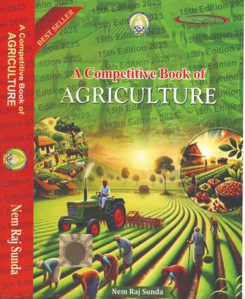The cover of "A Competitive Book of Agriculture" by Nem Raj Sunda (English Medium), listing exams like JRF, SRF, NET, ARS, and Bank P.O.