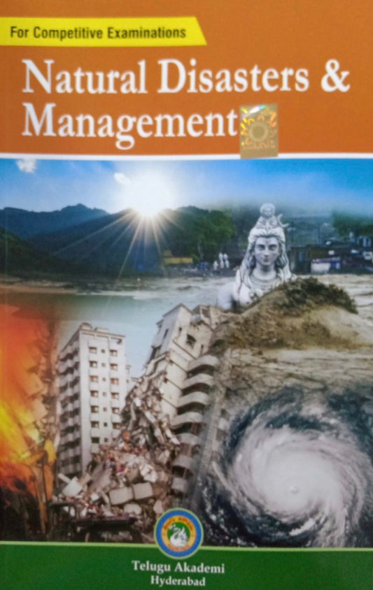 The book cover titled "Natural Disasters & Management" features a collage of disaster scenes including a submerged Shiva statue, rubble from a collapsed building, fire, and a cyclone eye.