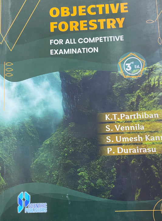 The cover of "Objective Forestry: For All Competitive Exams" by K.T. Parthiban et al., listing exams like JRF, SRF, ARS, and NET