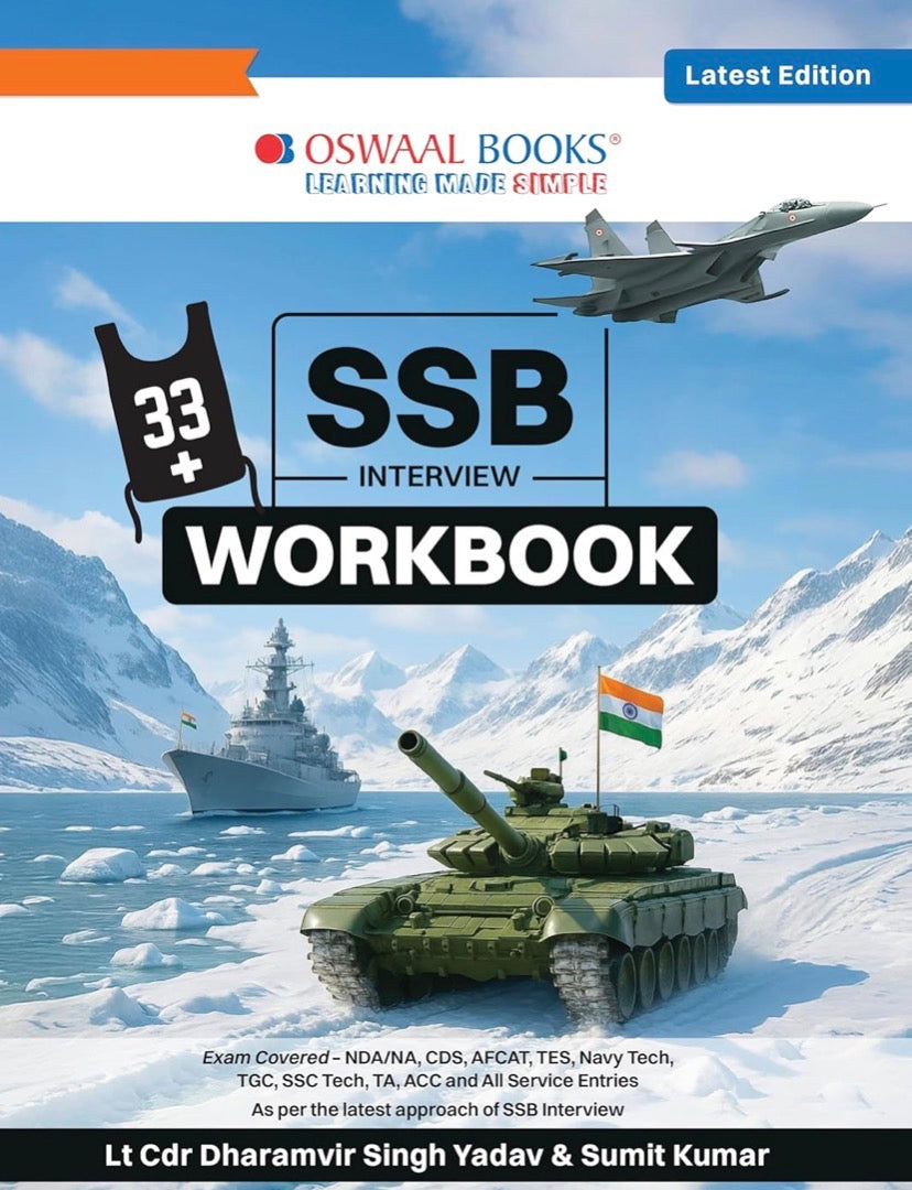 The cover of "Oswaal SSB Interview Workbook" by Lt. Cdr. Dharamvir Singh Yadav and Sumit Kumar, listing exams like NDA, CDS, and AFCAT