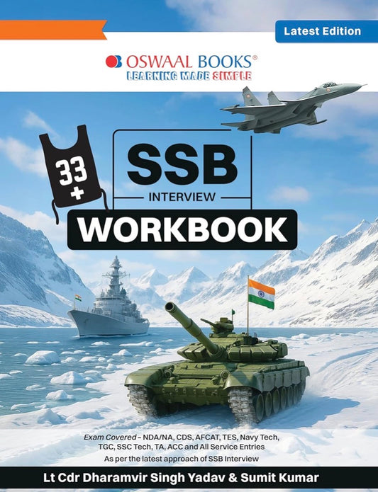 The cover of "Oswaal SSB Interview Workbook" by Lt. Cdr. Dharamvir Singh Yadav and Sumit Kumar, listing exams like NDA, CDS, and AFCAT