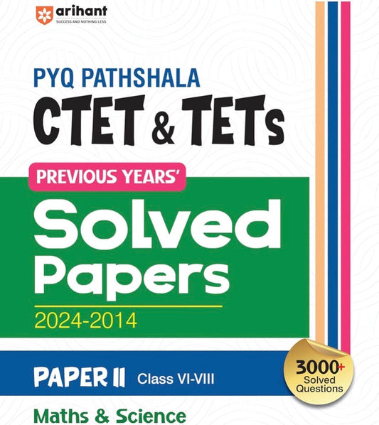 The white cover of the Arihant PYQ Pathshala book displays a green block with "Solved Papers 2024-2014" and specifies "Paper II" for Maths & Science.