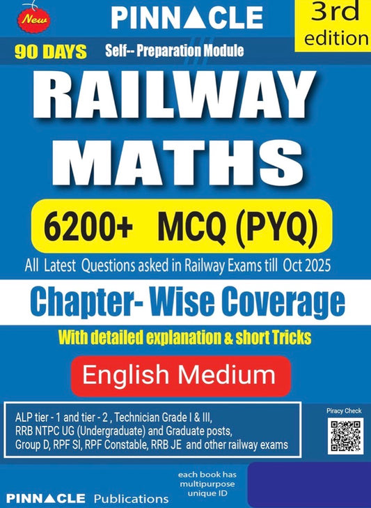 The cover of "Pinnacle Railway Maths 6200+ MCQs" (3rd Edition) in English Medium, highlighting "Chapter Wise Coverage" and "Detailed Explanations" for RRB exams.