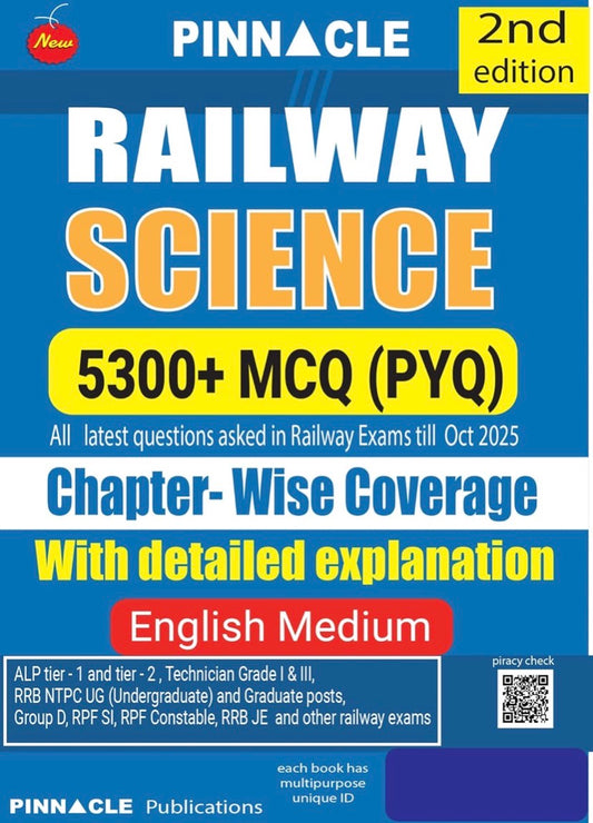 The cover of "Pinnacle Railway Science 5300+ MCQs" (3rd Edition) in English Medium, listing subjects like Physics, Chemistry, and Biology for RRB exams.