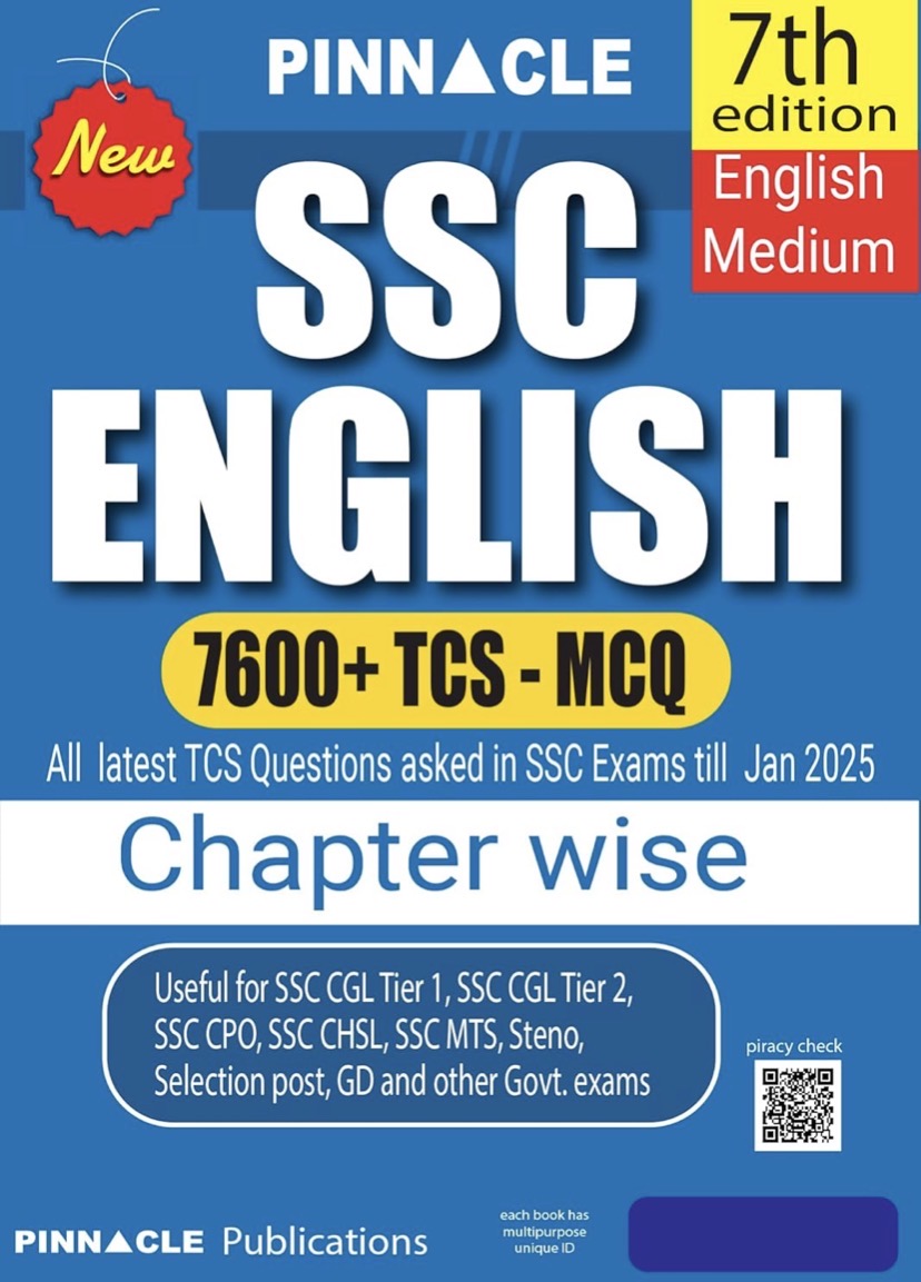 The cover of "Pinnacle SSC English Chapter Wise" (4th Edition), highlighting "7600+ TCS MCQs" and coverage of exams like CGL, CHSL, and MTS till Feb 2024.