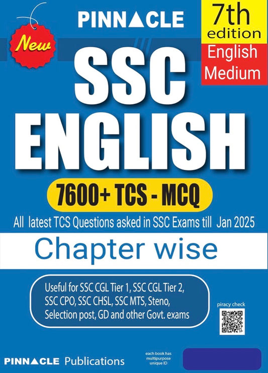 The cover of "Pinnacle SSC English Chapter Wise" (4th Edition), highlighting "7600+ TCS MCQs" and coverage of exams like CGL, CHSL, and MTS till Feb 2024.