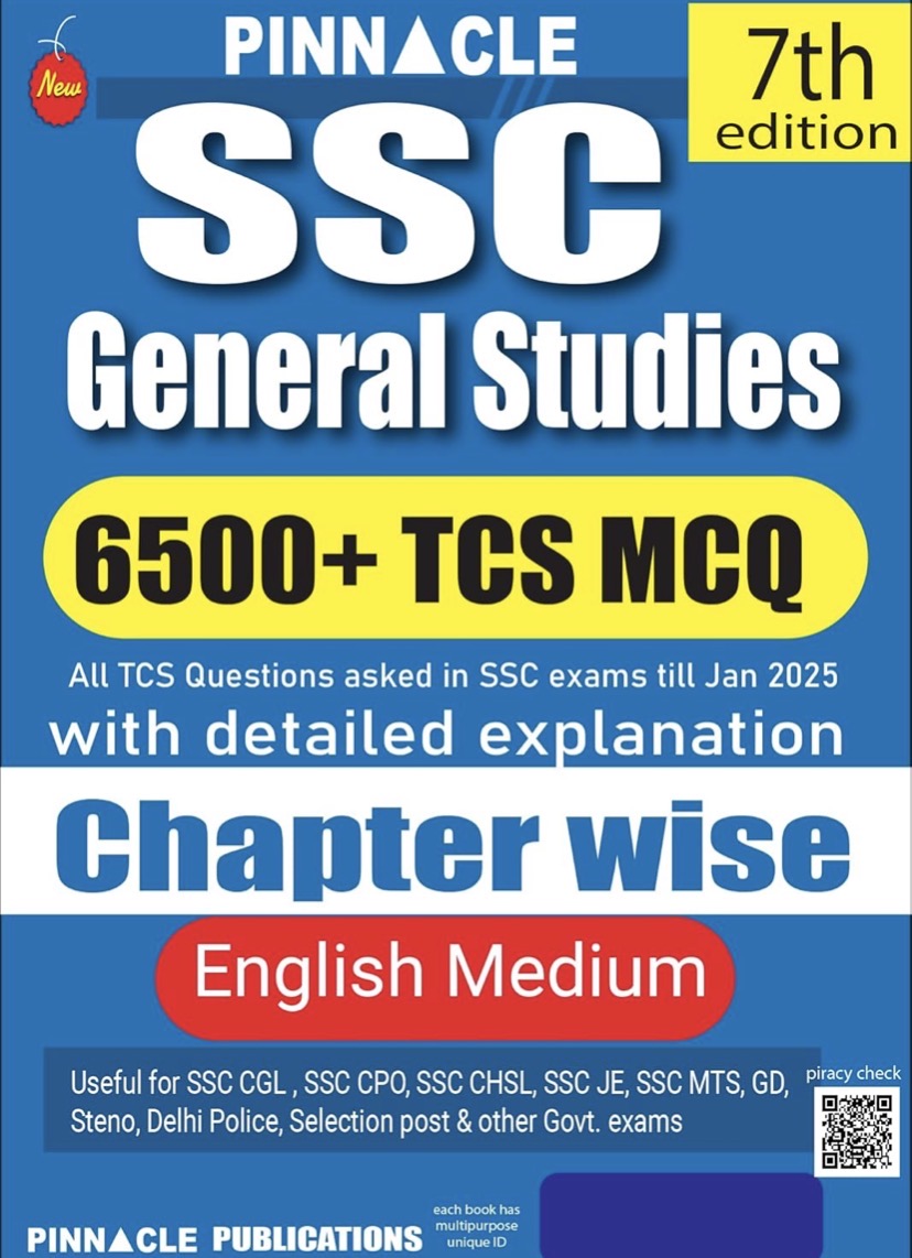 The cover of "Pinnacle SSC General Studies Chapter Wise" (5th Edition) in English Medium, highlighting "6500+ TCS MCQs" and coverage of exams like CGL, CHSL, and CPO.