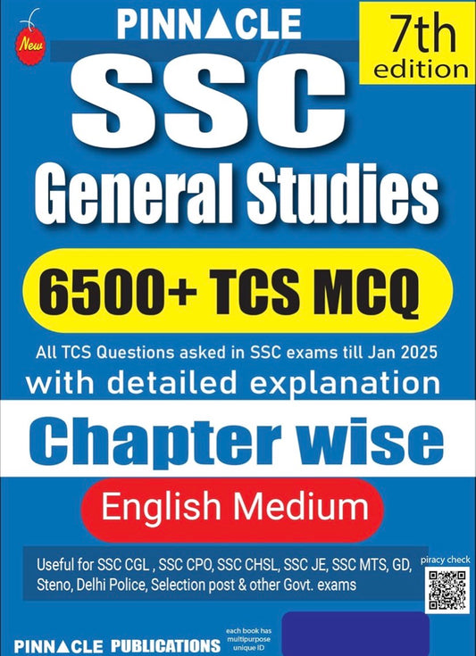 The cover of "Pinnacle SSC General Studies Chapter Wise" (5th Edition) in English Medium, highlighting "6500+ TCS MCQs" and coverage of exams like CGL, CHSL, and CPO.