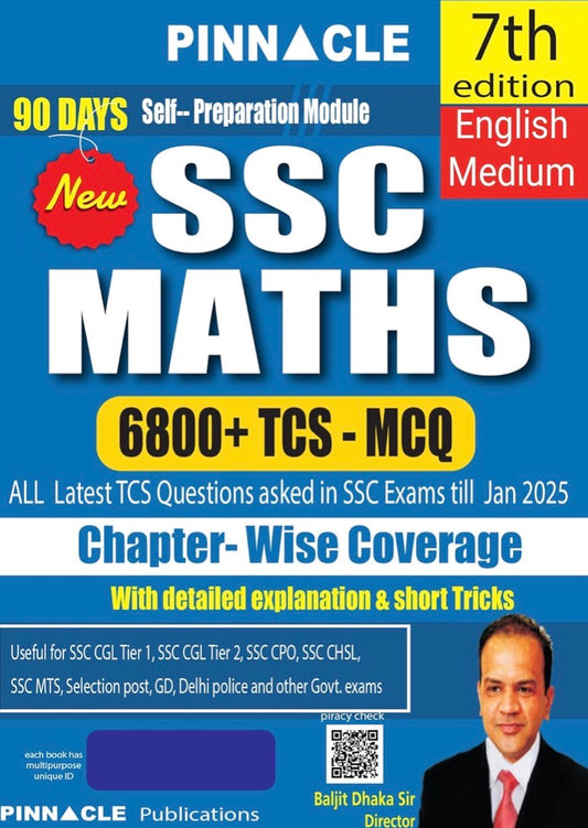 The cover of "Pinnacle SSC Maths Chapter Wise" (6th Edition) in English Medium, highlighting "6800+ TCS MCQs" and coverage of exams like CGL, CHSL, and CPO.