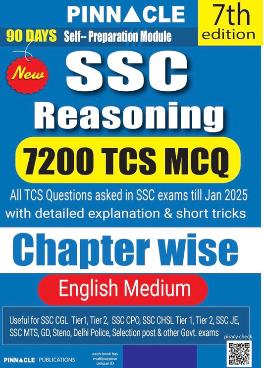 The cover of "Pinnacle SSC Reasoning Chapter Wise" (5th Edition) in English Medium, highlighting "7200+ TCS MCQs" and coverage of exams like CGL, CHSL, and CPO.