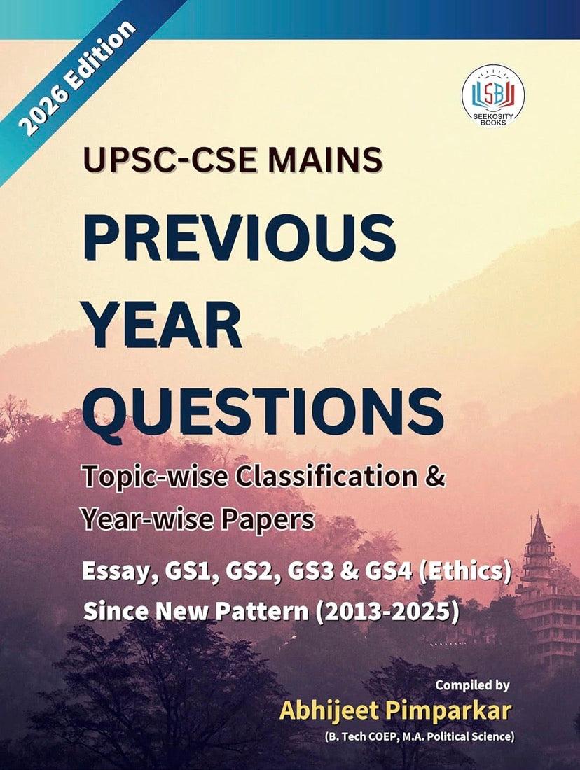 The cover of "Politics for India UPSC Mains PYQ" book (English Medium), featuring a map of India and listing Essay + GS 1-4 coverage from 2013-2025.