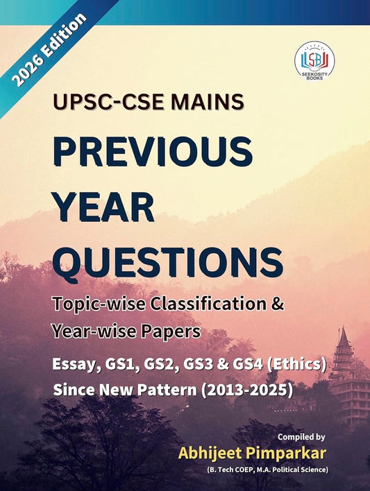 The cover of "Politics for India UPSC Mains PYQ" book (English Medium), featuring a map of India and listing Essay + GS 1-4 coverage from 2013-2025.