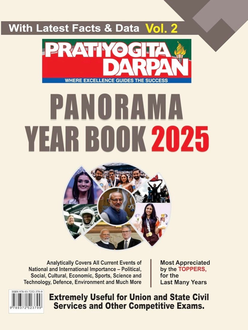 The cover of the "Pratiyogita Darpan Panorama Year Book 2025, Vol. 2" in English medium, showing a collage of important events and people from the year.