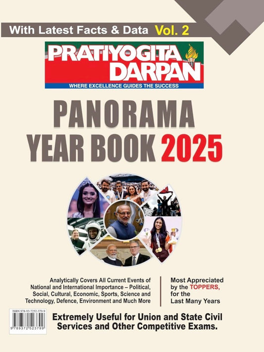 The cover of the "Pratiyogita Darpan Panorama Year Book 2025, Vol. 2" in English medium, showing a collage of important events and people from the year.