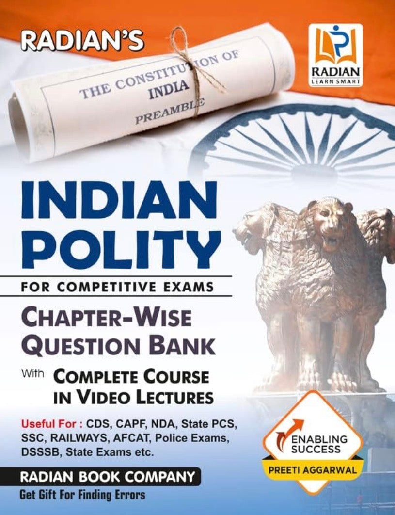 The cover of "RADIAN's Indian Polity Chapter-Wise Question Bank," showing a scroll of the Preamble and the Lion Capital of Ashoka.