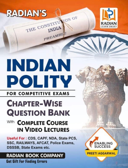 The cover of "RADIAN's Indian Polity Chapter-Wise Question Bank," showing a scroll of the Preamble and the Lion Capital of Ashoka.