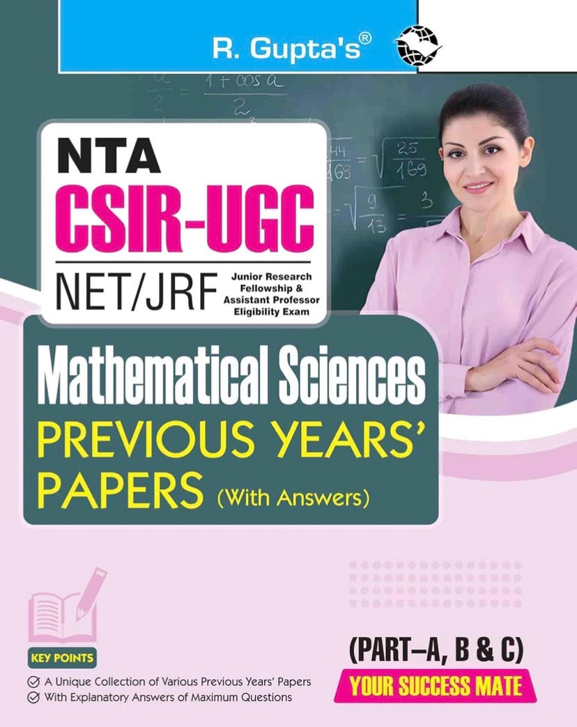 Cover of R. Gupta’s NTA CSIR-UGC NET/JRF Mathematical Sciences book featuring solved previous years’ papers with detailed answers.