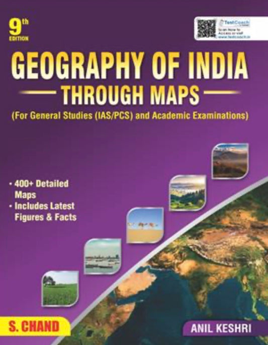 Cover of the book "Geography of India Through Maps" by Anil Keshri, 9th edition, featuring maps and geographic imagery on a purple background.