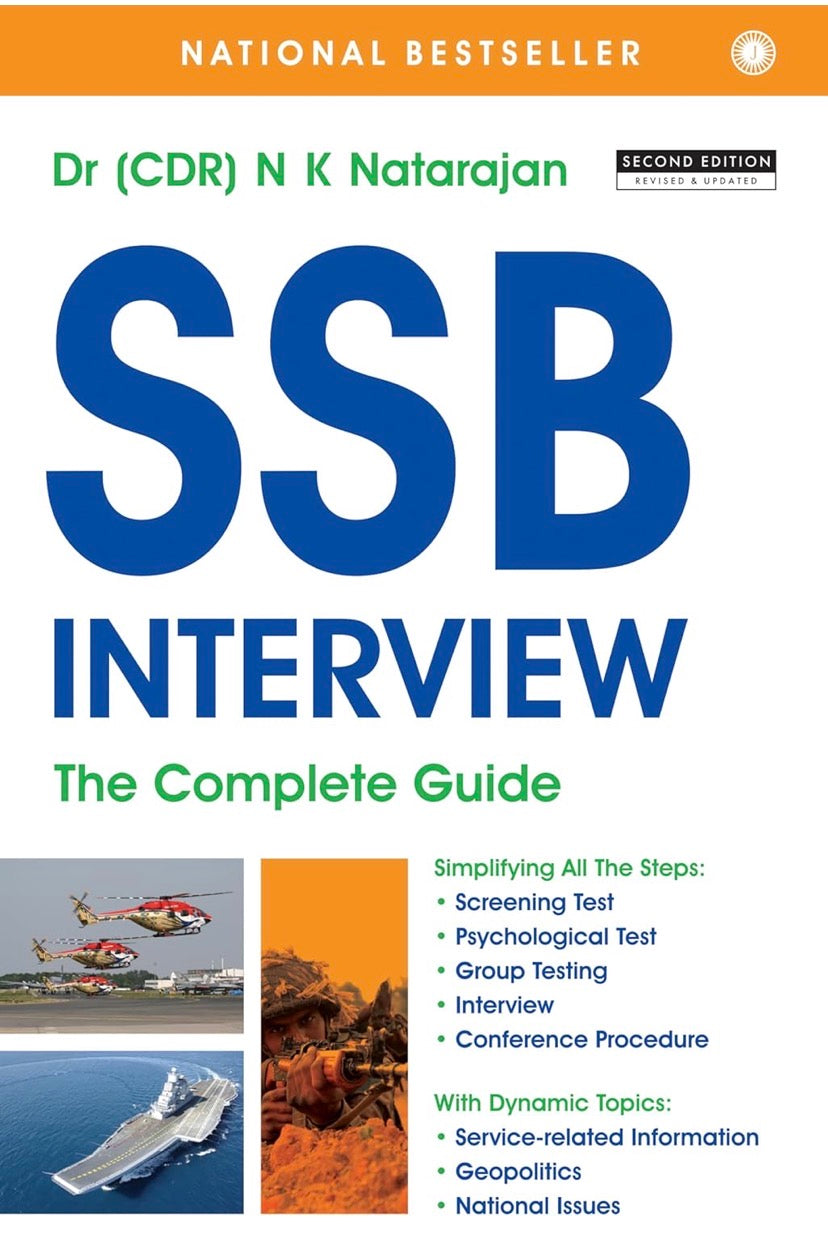The cover of "SSB Interview: The Complete Guide" by Dr. (Cdr.) N.K. Natarajan in English Medium, highlighting scientific analysis and OLQs.