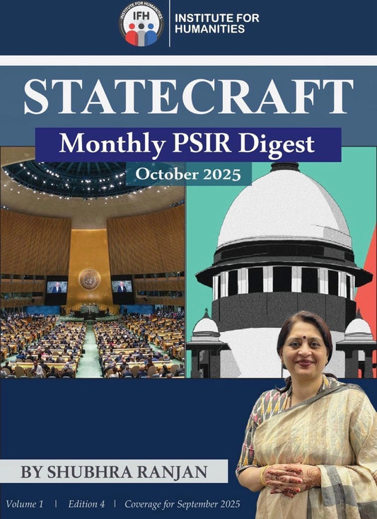 The cover of the "STATECRAFT Monthly PSIR Digest" for October 2025 by Shubhra Ranjan, showing the UN General Assembly and the Supreme Court of India.