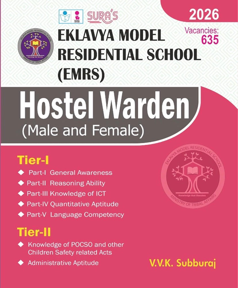Cover of “Sura’s EMRS Hostel Warden (Male and Female) Exam Guide” by V.V.K. Subburaj, featuring Tier-I and Tier-II syllabus details on a pink and white background.