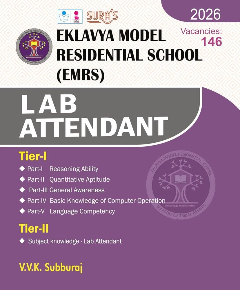 Cover of “Eklavya Model Residential School (EMRS) Lab Attendant 2026” exam guide by V.V.K. Subburaj, published by Sura’s, showing tier-wise syllabus highlights.