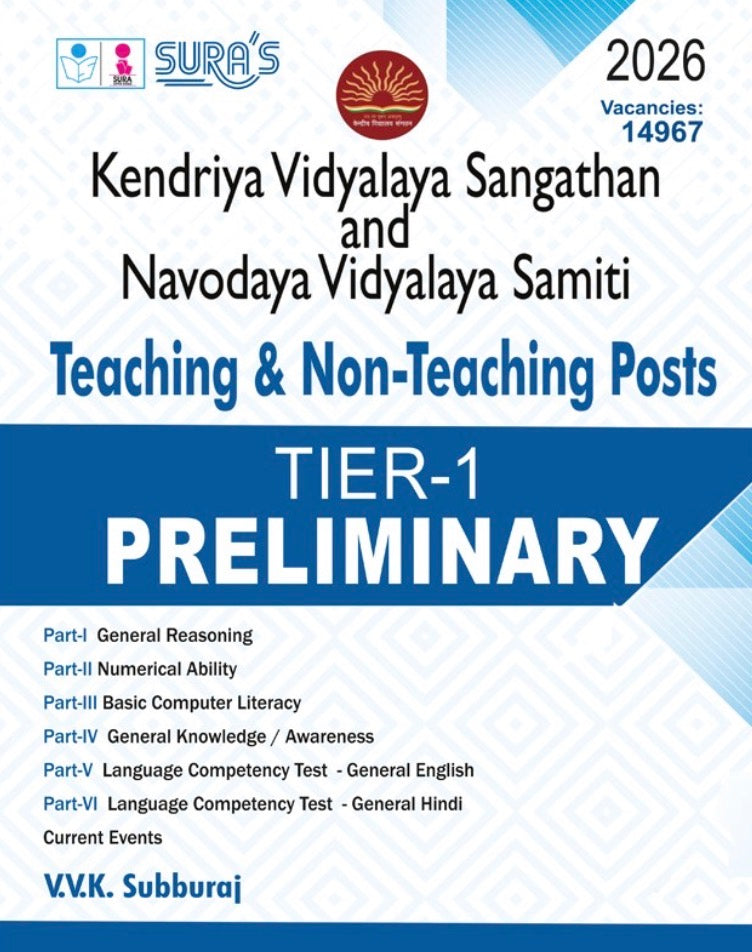 Book cover of Sura’s KVS and NVS Teaching and Non-Teaching Posts Tier-1 Preliminary Guide by V.V.K. Subburaj in blue and white with subject list.