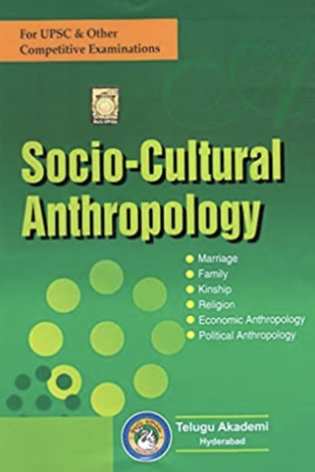 Green book cover titled Socio-Cultural Anthropology by Telugu Akademi featuring a list of topics like Marriage and Religion for UPSC exams.