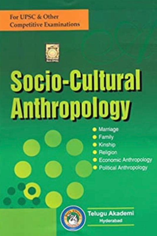 Green book cover titled Socio-Cultural Anthropology by Telugu Akademi featuring a list of topics like Marriage and Religion for UPSC exams.
