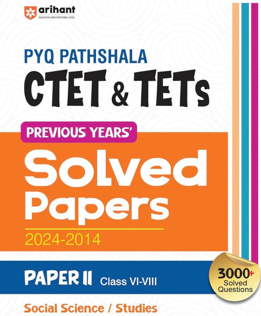 The white cover of the Arihant PYQ Pathshala book features an orange block reading "Solved Papers 2024-2014" for Social Science/ Studies, Paper II.