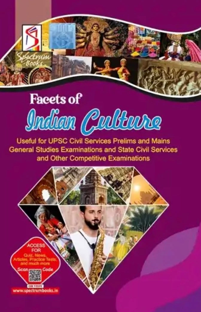 Book cover of 'Facets of Indian Culture' by Spectrum Book, featuring images of people and culture on a purple background.