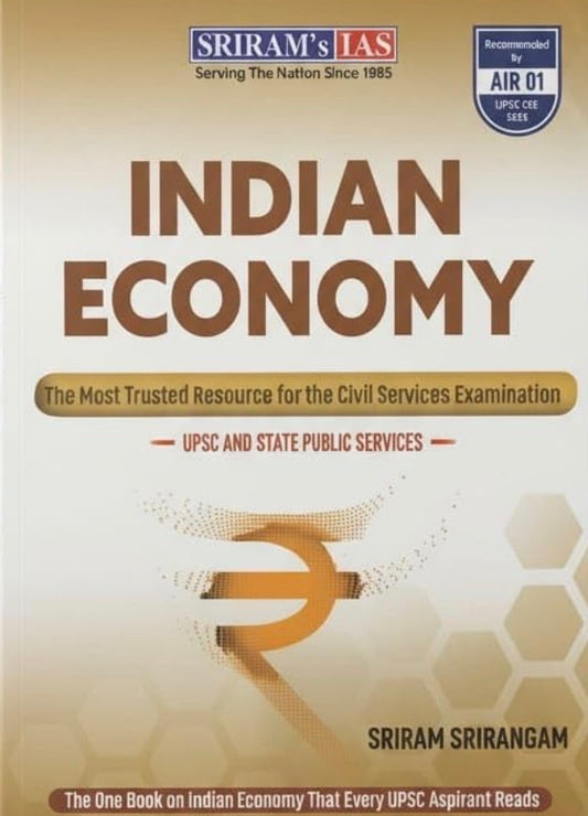 The cover of "Sriram's IAS Indian Economy" by Sriram Srirangam, featuring a stylized gold rupee symbol and the "Recommended by AIR 01" badge.