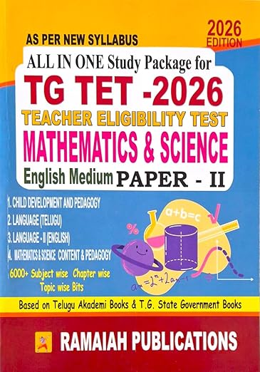A yellow and blue book cover for TG TET 2026 Mathematics and Science Paper-II by Ramaiah Publications, featuring educational icons and syllabus details.