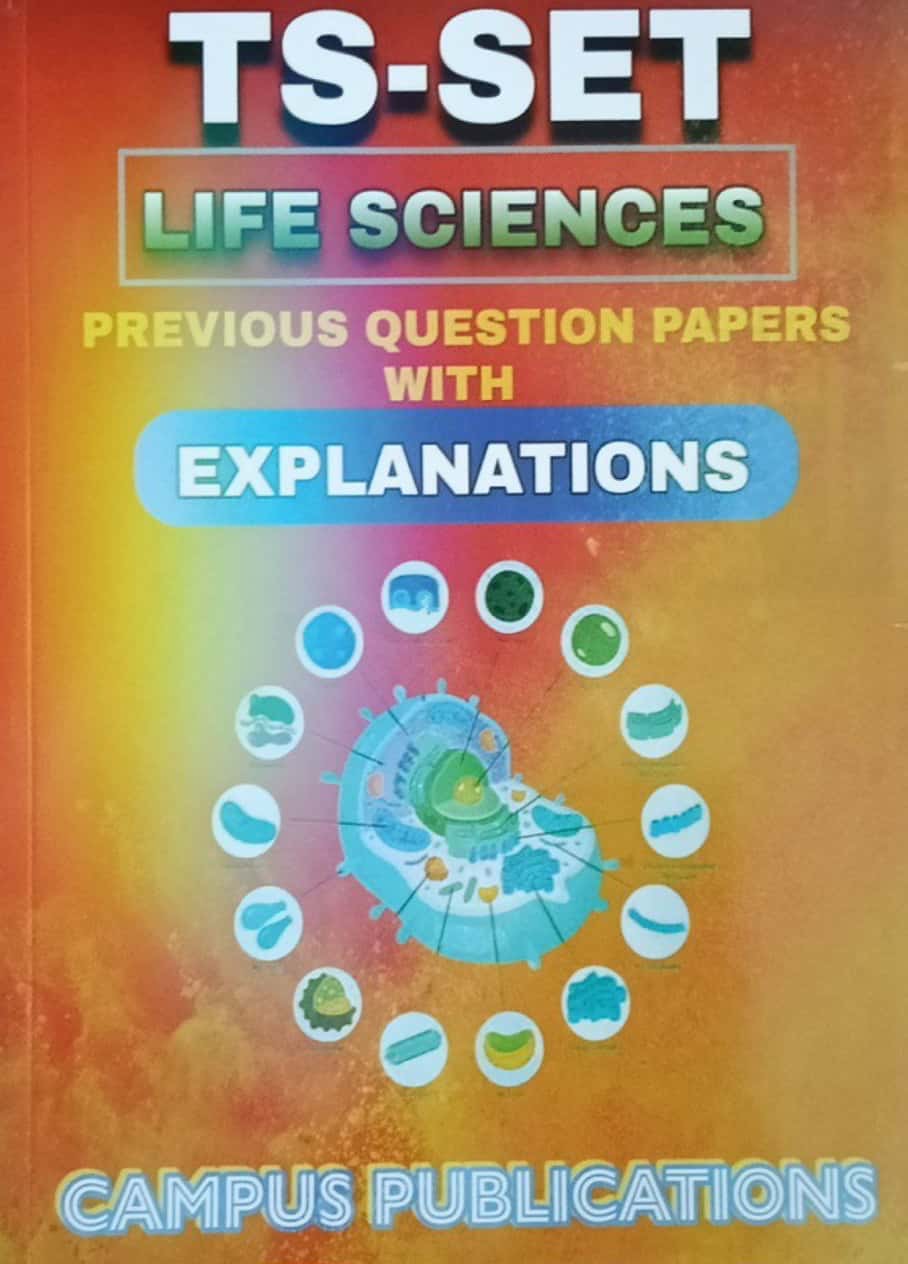 The cover of "TS (TG) SET Life Sciences Previous Years Questions With Explanations" by Campus Book House, listing papers from 2012 to 2023