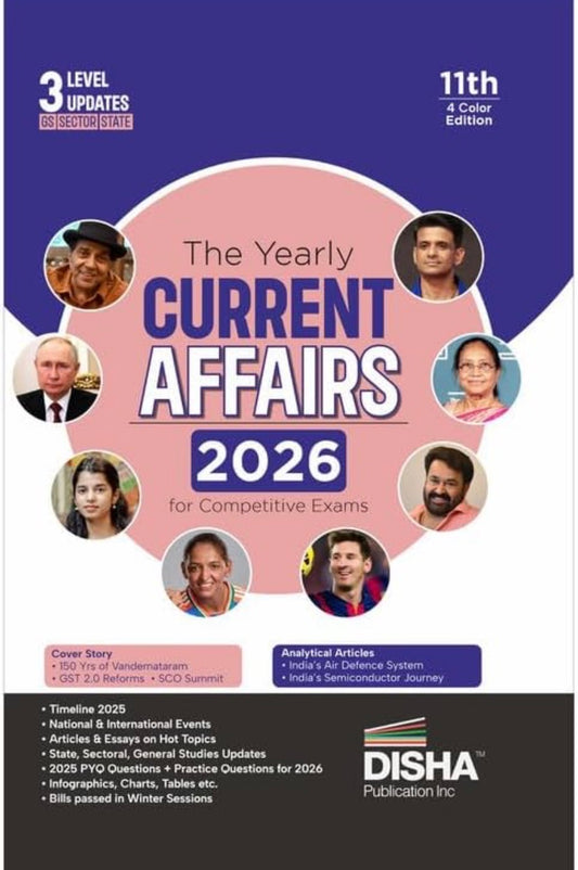 The purple and white cover of The Yearly Current Affairs 2026 features a central title surrounded by circular portraits of global personalities including Vladimir Putin and Lionel Messi, alongside lists of cover stories and analytical articles.