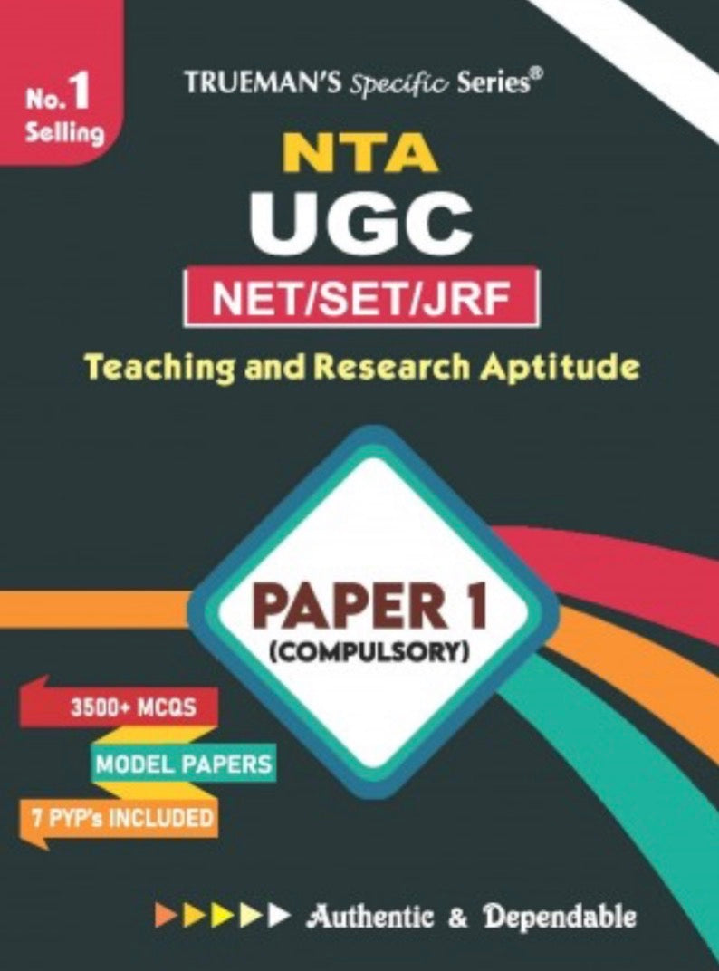 Cover of Trueman’s NTA UGC NET/SET/JRF Paper 1 book on Teaching and Research Aptitude featuring 3500+ MCQs and model papers.