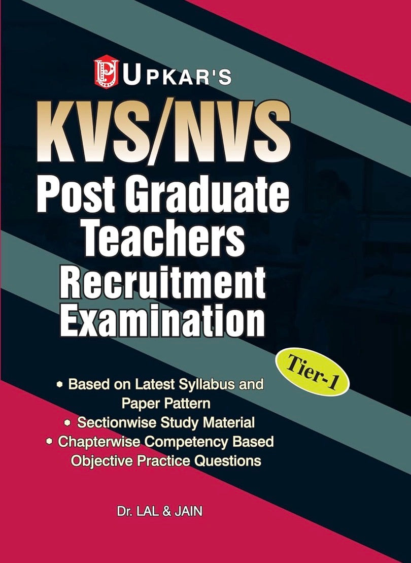 Book cover for Upkar's KVS/NVS Post Graduate Teachers Recruitment Examination Tier-1 by Dr. Lal & Jain, featuring a dark blue and red design with key features listed.