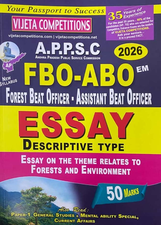 The cover of "Vijeta APPSC Forest Beat Officer & Assistant Beat Officer General Essay (Descriptive Type)" in English Medium, listing topics like Current Affairs and Ecology.