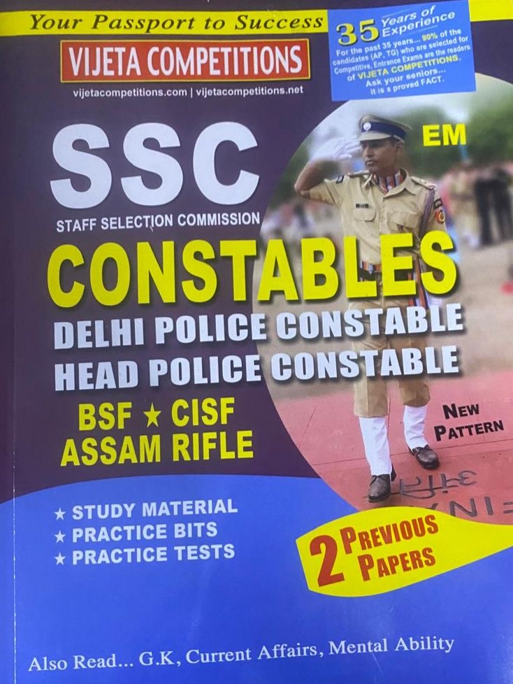 Cover of SSC Constables (Delhi Police & Head Constable) book by Vijeta Competitions showing police officer saluting, exam details, and bold yellow-blue layout.