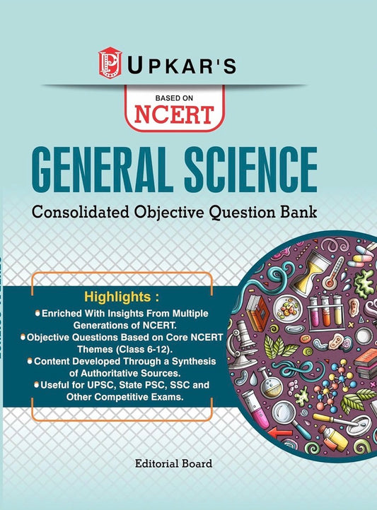 The book cover features the title "GENERAL SCIENCE" in teal text above a "Based on NCERT" badge, accompanied by a circular illustration filled with colorful science doodles like microscopes, beakers, and DNA strands.